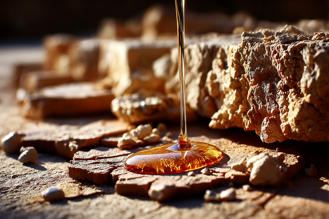 Treasury limited drops — warm golden oil dripping onto cracked stone